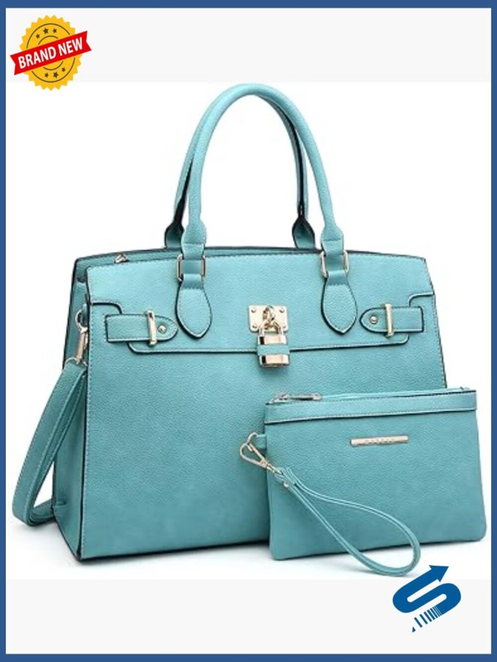 Vegan Leather Satchel Tote Handbag Set with Wallet & Chain Strap